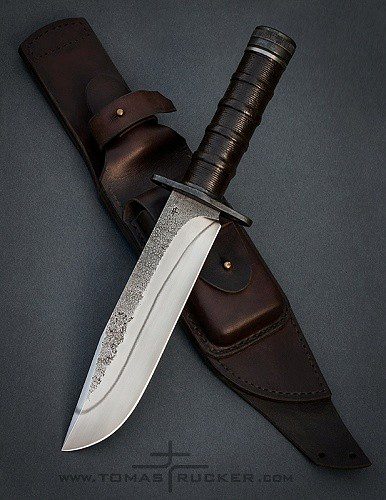Survival knife with hollow handle and sheath with gear pocket made by knifemaker Tomas TRMAN Rucker