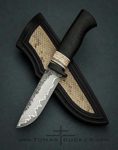 San-mai construction knife with nickel line, mammoth tooth and bog oak handle