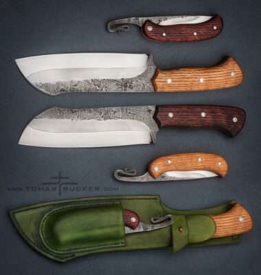 KNIVES by Tomas Rucker Large full-tang knife and friction folder pocket knife with wood handles by Tomas Rucker.